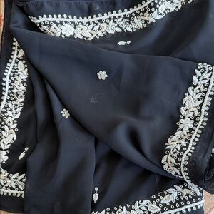 Black Scarf with White Floral Embroidery